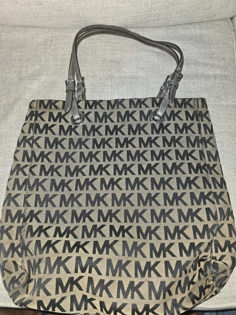 Michael Kors Tan Canvas MK Logo Tote with Black Print Used Large Travel